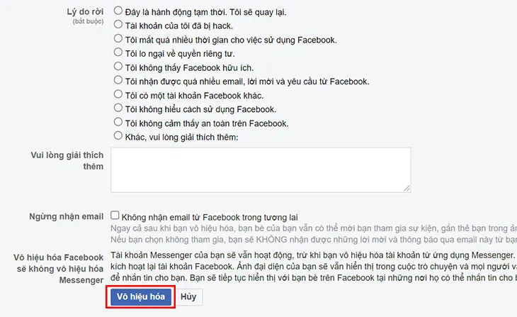 Chọn lý do cụ thể khi vô hiệu hóa tài khoản Facebook trên trình duyệt