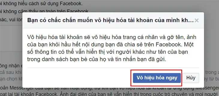 Xác nhận cuối cùng để hoàn tất việc vô hiệu hóa tài khoản tạm thời