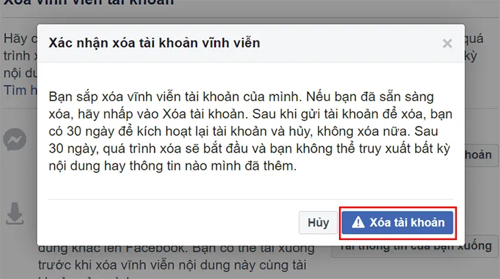 Nút xác nhận xóa vĩnh viễn để hoàn tất yêu cầu xóa tài khoản Facebook