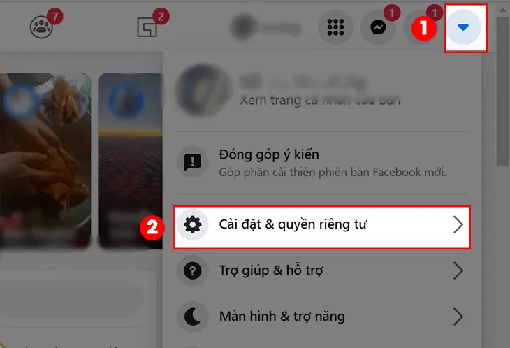 Thao tác chọn Cài đặt và Quyền riêng tư trên giao diện máy tính để tìm cách mở khóa Facebook trên máy tính
