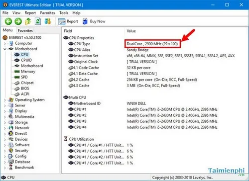 Giao diện phần mềm Everest Ultimate Edition xem thông tin chi tiết về CPU