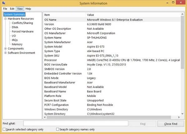 Thông tin được hiển thị tại System Information