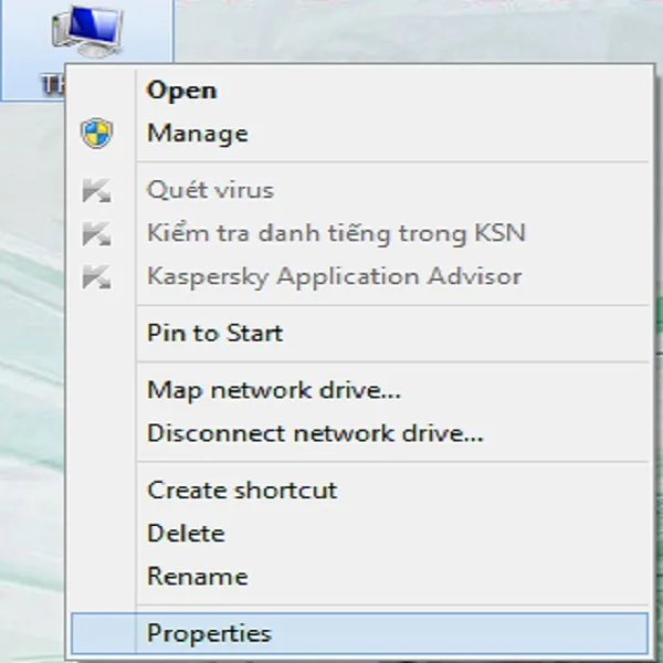 Chọn properties sau nhấn chuột phải vào This PC