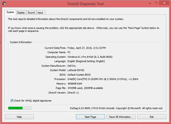 Dxdiag hiển thị đầy đủ thông tin cần thiết về máy tính