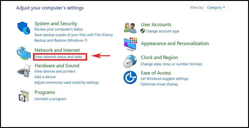 Truy cập vào phần View new status and tasks trong mục Network and Internet