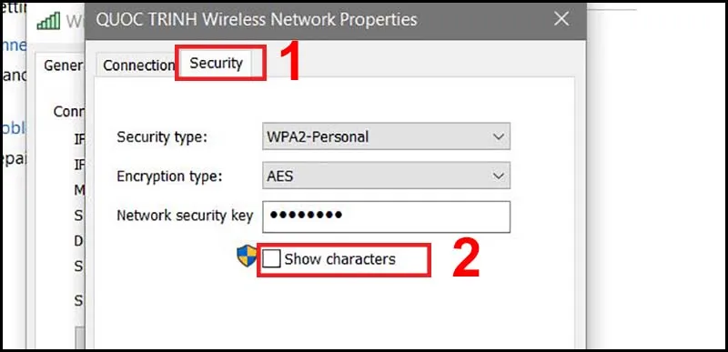 Nhấn Show characters để xem mật khẩu Wifi trong phần Network security key