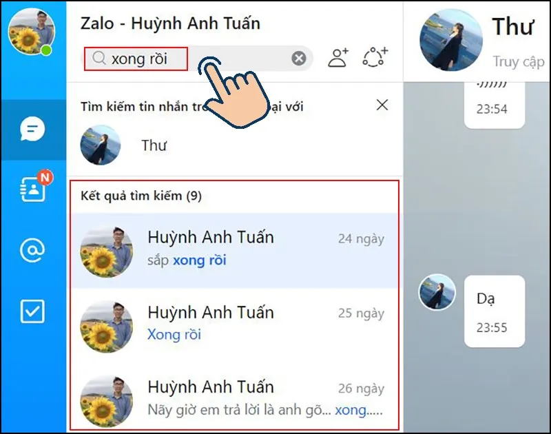 Nhap tu khoa tin nhan can tim vao o tim kiem tren Zalo PC.