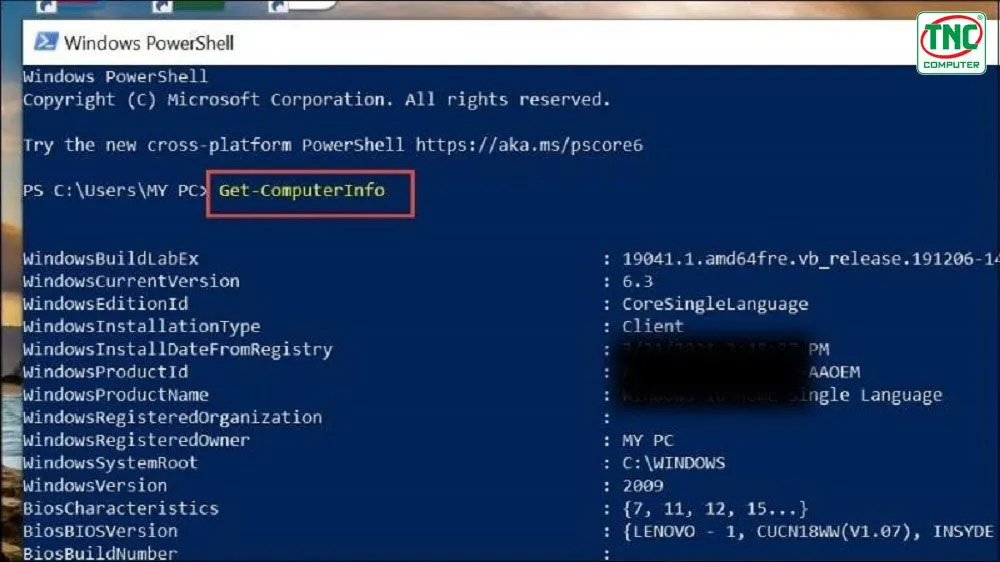Sử dụng lệnh Get-ComputerInfo trong PowerShell để xuất toàn bộ thông số kỹ thuật của máy tính Win 10.