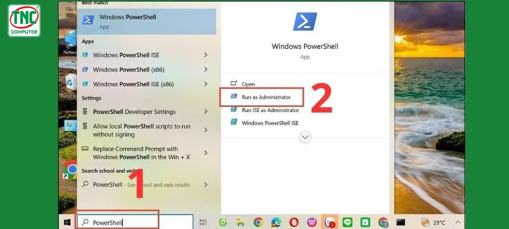 Mở ứng dụng PowerShell với quyền quản trị viên (Run as administrator) trên Windows 10.