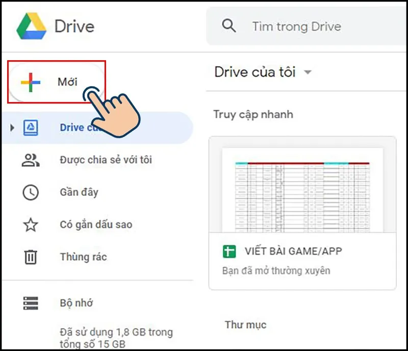 Chọn tùy chọn Mới trên giao diện chính của Drive