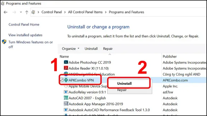 Giao diện Control Panel nơi thực hiện cách xóa 1 ứng dụng trên máy tính bằng Programs and Features