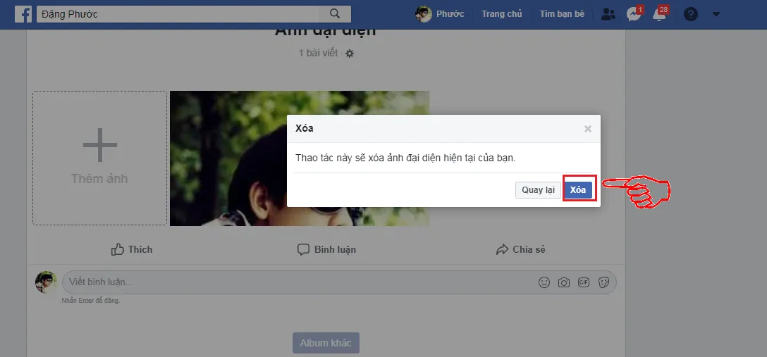 Minh họa các tùy chọn khi nhấp vào ảnh đại diện, bước đầu tiên để xóa avatar Facebook