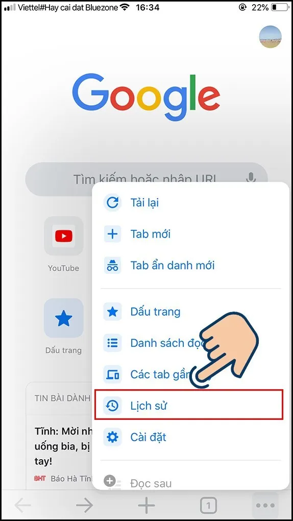 Chọn mục Lịch sử.