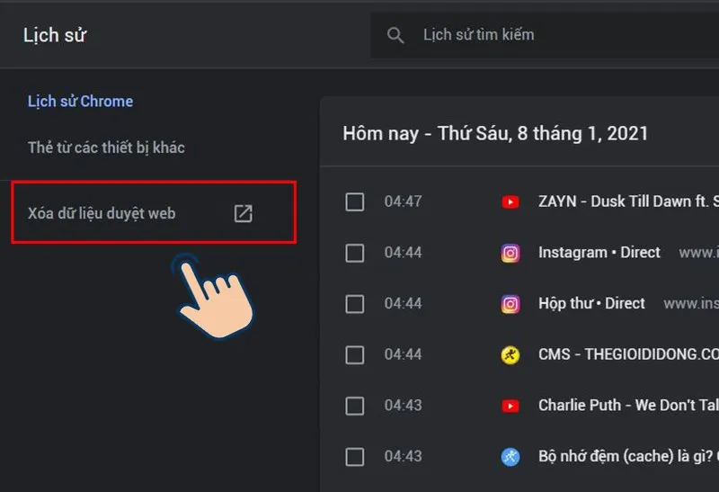 Chọn Xóa Dữ Liệu Duyệt Web.
