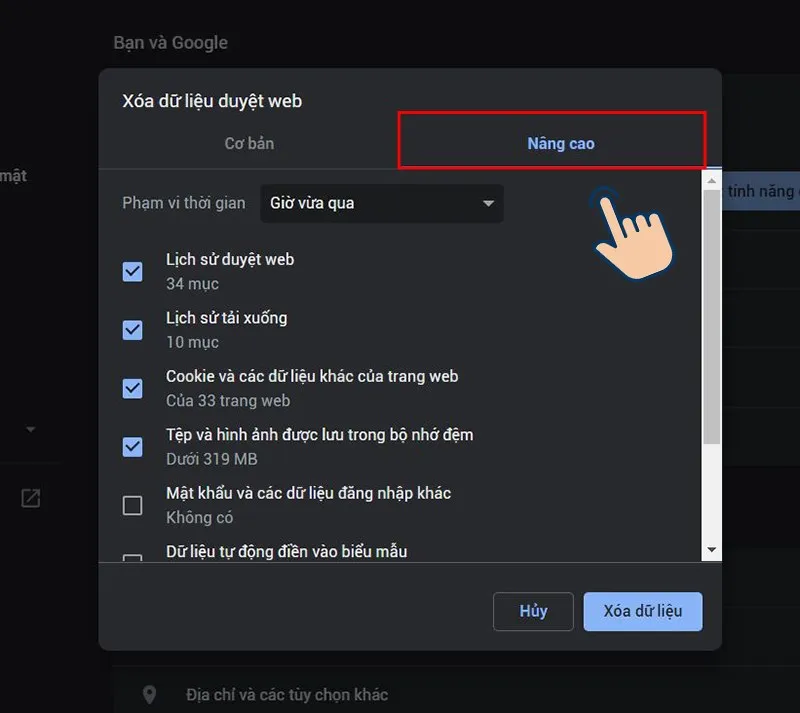 Bạn có thể lựa chọn chi tiết các mục cần xóa tại mục Nâng Cao