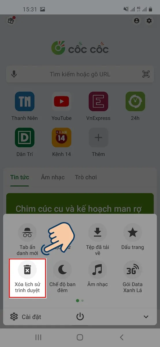 Chọn Xóa Lịch Sử Trình Duyệt.