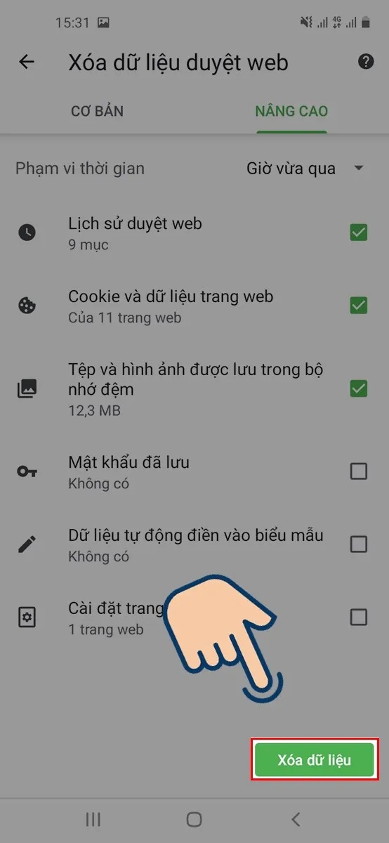 Chọn Xóa Dữ Liệu để tiến hành Xóa Dữ Liệu Duyệt Web.