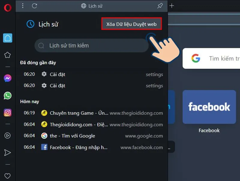 Đầu tiên tại cửa sổ Cốc Cốc, bạn bấm tổ hợp phím Ctrl + H, một cửa sổ hiển thị Lịch Sử sẽ hiện ra. Chọn Xóa Dữ Liệu Duyệt Web.