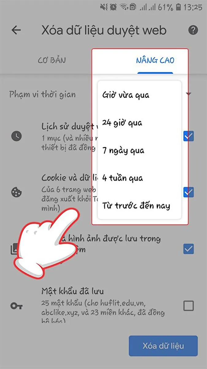 Chọn phạm vi lịch sử muốn xóa, nếu muốn xóa mọi thứ chọn Từ trước đến nay.