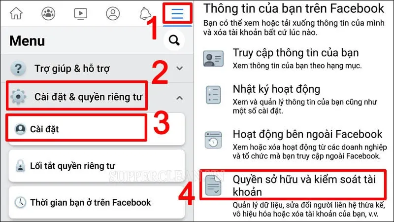 Đường dẫn đến Quyền sở hữu và kiểm soát tài khoản, nơi quản lý việc xóa vĩnh viễn Facebook