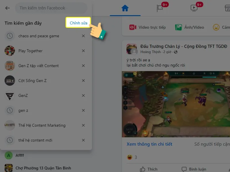 Vị trí nút Chỉnh sửa hoặc Tùy chọn để tiếp tục quản lý lịch sử tìm kiếm Facebook