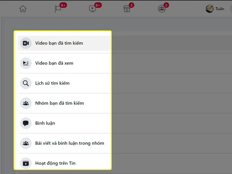 Giao diện lựa chọn các loại dữ liệu khác cần xóa như video đã xem, nhóm đã tìm kiếm trong Activity Log