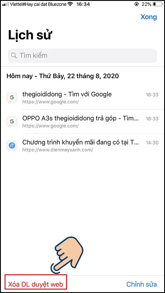 Màn hình điện thoại hướng dẫn chọn mục "Xóa DL trình duyệt web" trong cài đặt Chrome