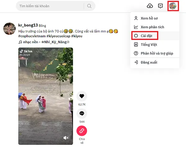 Hình ảnh hướng dẫn người dùng nhấn chọn ảnh đại diện ở góc phải trên máy tính để tìm đến Cài đặt nhằm thực hiện allintitle:cách xóa tài khoản tik tok trên máy tính.