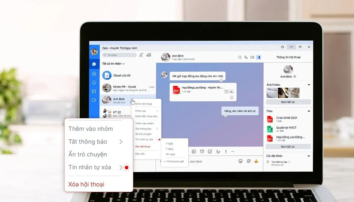 Cách xóa toàn bộ tin nhắn trên Zalo máy tính, giao diện tin nhắn tự xóa