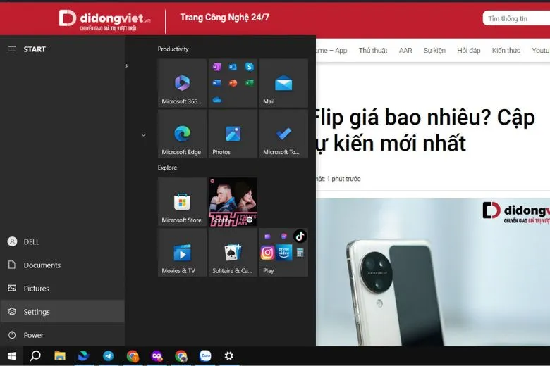 Mở Settings để bắt đầu quy trình gỡ ứng dụng trên Windows