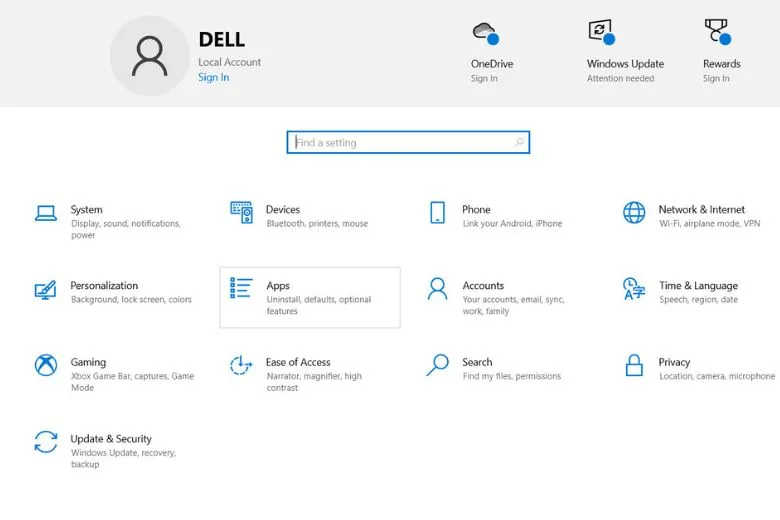 Lựa chọn mục Apps trong giao diện Settings của hệ điều hành Windows