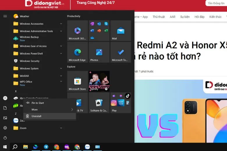 Thao tác gỡ cài đặt nhanh chóng từ Menu Start trên Windows 10/11