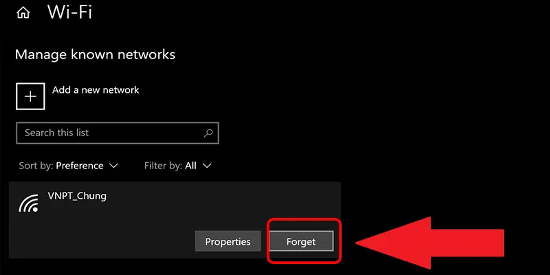 Giao diện quản lý mạng đã biết (Known Networks) để thực hiện cách xóa mạng wifi trên máy tính