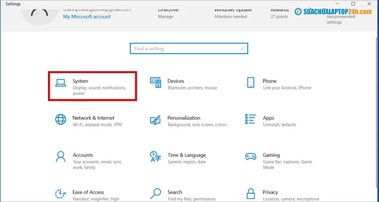 Chọn mục System trong Windows Settings để bắt đầu cách cài đặt chế độ ngủ cho máy tính Windows 10