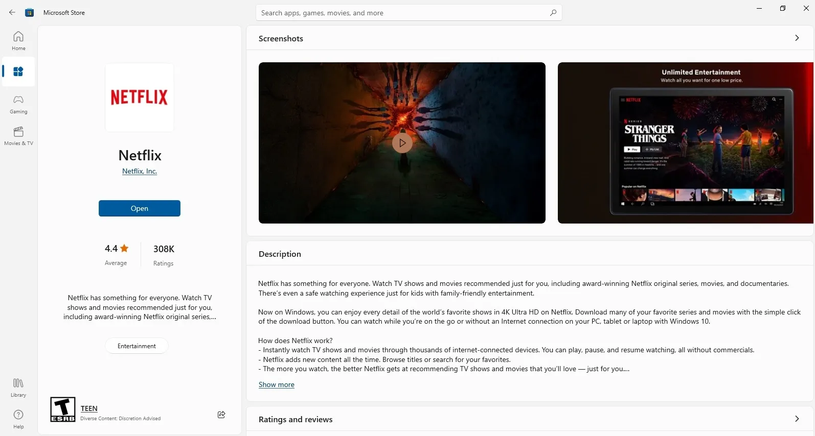 Giao diện ứng dụng Netflix trên Windows, bước đầu tiên để tải phim trên Netflix về máy tính