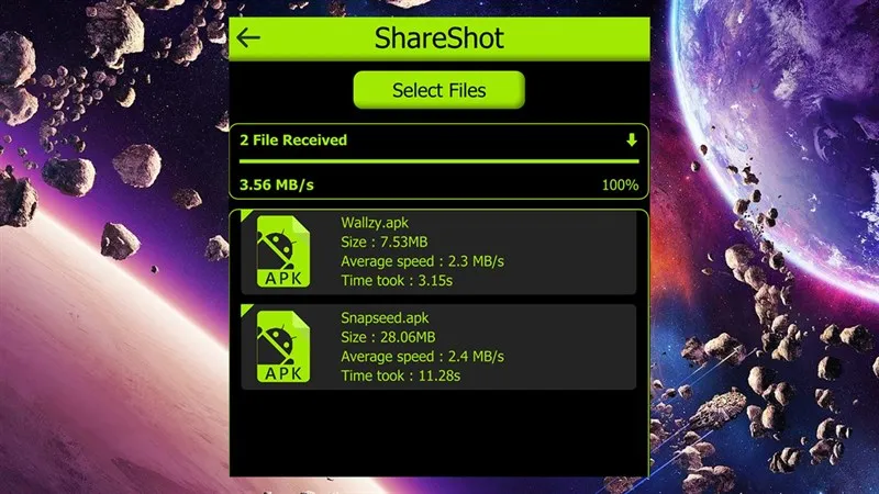 Giao diện máy tính hiển thị file đã nhận, cho phép người dùng chọn thư mục tải về.