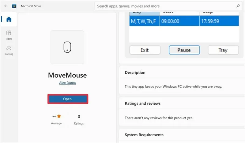Mở ứng dụng MoveMouse sau khi cài đặt để thiết lập chế độ không tự tắt máy.