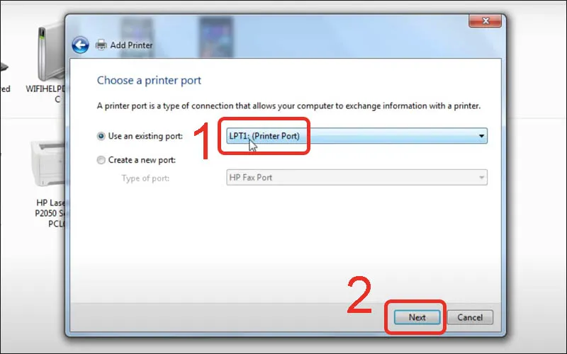 Lựa chọn cổng kết nối máy in phù hợp để tiếp tục cài đặt
