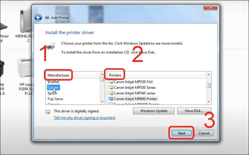 Chọn hãng sản xuất và mẫu máy in cụ thể trong danh sách