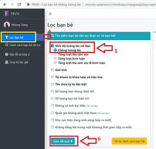Màn hình hiển thị danh sách kết quả sau khi áp dụng các điều kiện lọc trong tiện ích FBVN, chuẩn bị cho bước hủy kết bạn hàng loạt.