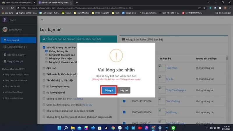 Màn hình xác nhận lệnh hủy kết bạn, thể hiện bước cuối cùng trong quy trình lọc bạn bè trên Facebook bằng máy tính.