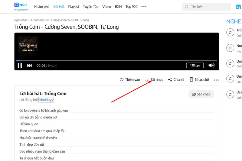 Vị trí nút 'Tải nhạc' trên giao diện phát nhạc của website NhacCuaTui cho người dùng máy tính.