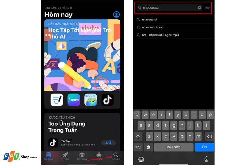 Giao diện tìm kiếm ứng dụng NCT - NhacCuaTui trên cửa hàng ứng dụng di động.