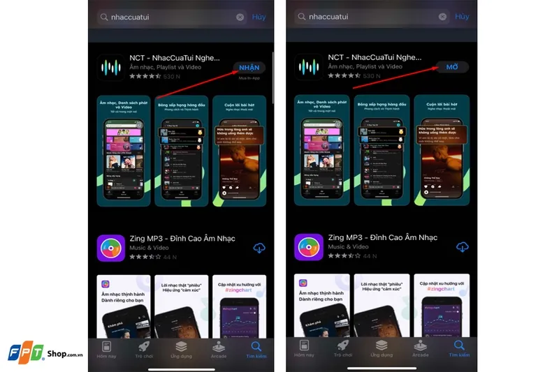Minh họa cách mở ứng dụng NhacCuaTui sau khi đã cài đặt thành công trên điện thoại.