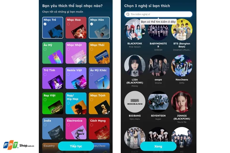 Giao diện lựa chọn thể loại nhạc yêu thích khi lần đầu truy cập ứng dụng NCT.