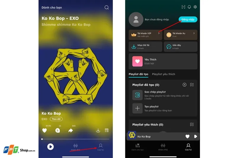Thao tác đăng nhập tài khoản NhacCuaTui qua mục 'Của Tui' để kích hoạt tính năng tải nhạc.