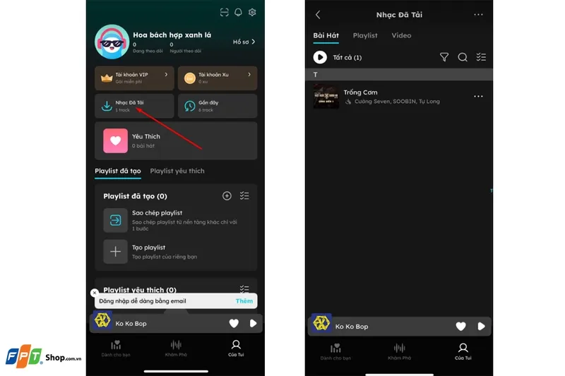 Giao diện thư mục 'Nhạc Đã Tải' hiển thị các bài hát đã được lưu trữ trên ứng dụng NhacCuaTui.