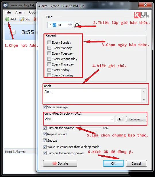 Thiết lập tùy chọn lặp lại và âm lượng trong Alarm Clock