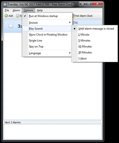 Các tùy chọn nâng cao trong mục Options của phần mềm báo thức