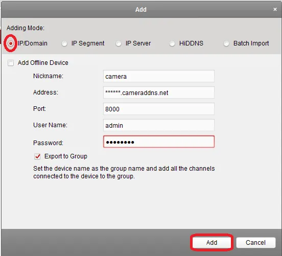 Mô tả giao diện cấu hình thêm thiết bị bằng IP/Domain trong IVMS-4200